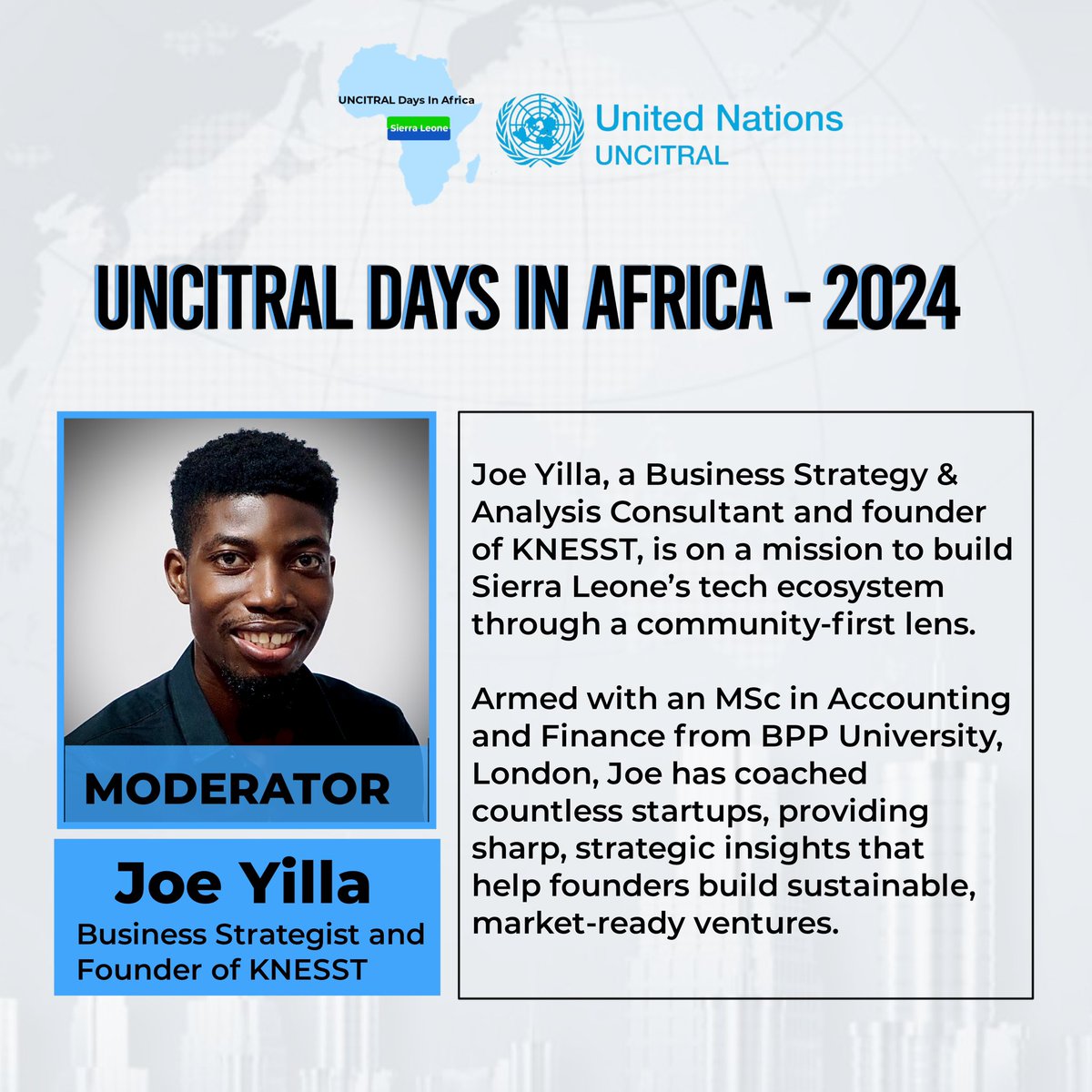 Introducing our Keynote Speaker, David E. Manley, and Moderator, Joe Yilla, for UNCITRAL Days in Africa 2024🌍💫.

Join us as they lead impactful conversations on legal frameworks &amp; economic growth🙌🏾.

Click the link to sign up🔗 docs.google.com/forms/d/e/1FAI…

#SaloneTwitter 
#SaloneX