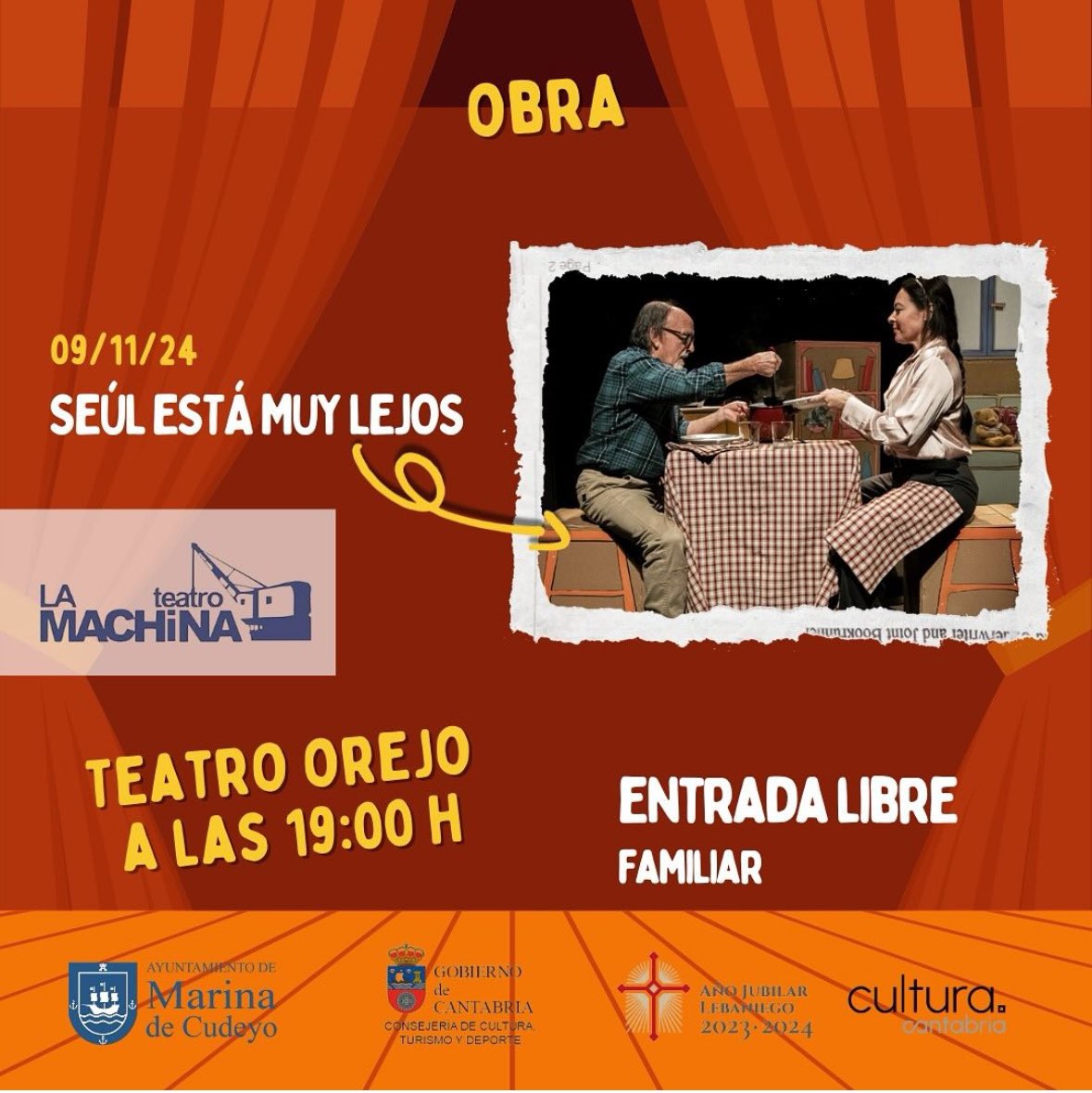 LaMachinaTeatro's tweet photo. “Seúl está muy lejos” el sábado 9 de noviembre a las 19:00h en el Teatro Orejo de Marina de Cudeyo, Cantabria. Os esperamos! https://t.co/FIsxDHvTyo