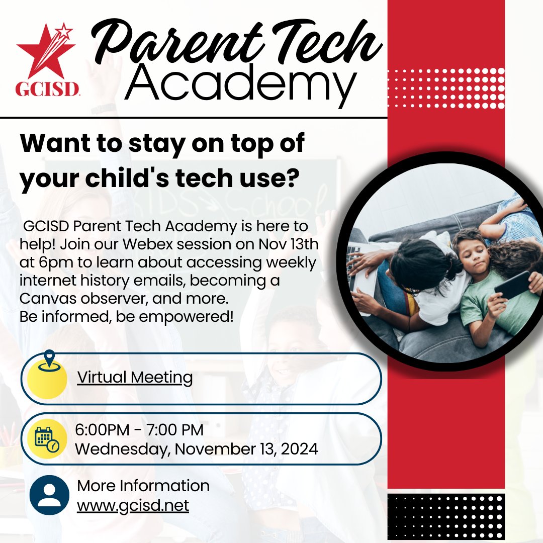 GCISD Digital Learning (@gcisdigital) on Twitter photo GCISD Parent Tech Academy: Nov 13th 6pm on Webex. Stay informed & empowered! <a href="/gcisd/">Grapevine-Colleyville ISD</a> <a href="/gcisdigital/">GCISD Digital Learning</a> #GCISD #ParentTechAcademy #DigitalLiteracy #digitalsafety GCISD Parent Tech Academy: Nov 13th 6pm on Webex. Stay informed & empowered! <a href="/gcisd/">Grapevine-Colleyville ISD</a> <a href="/gcisdigital/">GCISD Digital Learning</a> #GCISD #ParentTechAcademy #DigitalLiteracy #digitalsafety