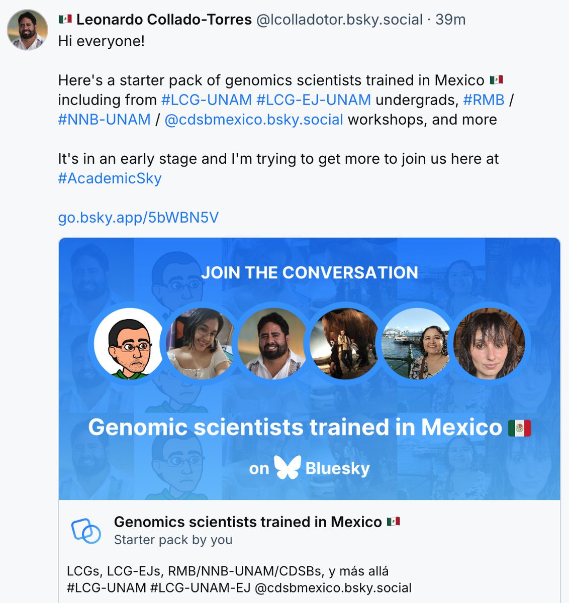 🇲🇽 Leonardo Collado-Torres (@lcolladotor) on Twitter photo I made a genomic scientists trained in Mexico 🇲🇽
starter pack. I'd like for our voices to be heard!
If you can help spread the word, that'd be great!
Thank you!
<a href="/CDSBMexico/">ComunidadBioInfo</a> <a href="/nnb_unam/">NNB-UNAM</a> <a href="/RBioinformatica/">Red Mexicana de Bioinformática</a> <a href="/lcgunam/">LCG UNAM</a> <a href="/lcgunam/">LCG UNAM</a> <a href="/ccg_unam/">CCG UNAM</a> <a href="/ibt_unam/">Instituto de Biotecnología UNAM</a> <a href="/LIIGH_UNAM/">LIIGH</a> I made a genomic scientists trained in Mexico 🇲🇽
starter pack. I'd like for our voices to be heard!
If you can help spread the word, that'd be great!
Thank you!
<a href="/CDSBMexico/">ComunidadBioInfo</a> <a href="/nnb_unam/">NNB-UNAM</a> <a href="/RBioinformatica/">Red Mexicana de Bioinformática</a> <a href="/lcgunam/">LCG UNAM</a> <a href="/lcgunam/">LCG UNAM</a> <a href="/ccg_unam/">CCG UNAM</a> <a href="/ibt_unam/">Instituto de Biotecnología UNAM</a> <a href="/LIIGH_UNAM/">LIIGH</a>