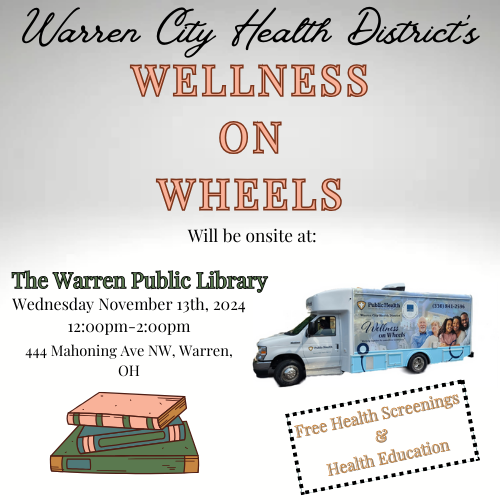 WarrenHealth's tweet photo. Come check out our Wellness on Wheels mobile unit at The Warren Public Library on Wednesday November 13th, 2024 from 12:00pm-2:00pm. Free health screenings &amp; health education! 🙂

#mobilehealthunit #bloodpressure #heartrate #WarrenCity #warrenlibrary https://t.co/A83TmDZbTr