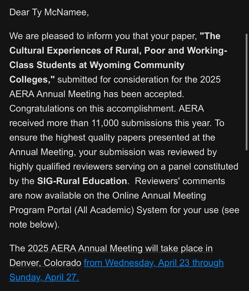 Dr. Ty C. McNamee (he, him, his) (@tycmcnamee) on Twitter photo Needed a win this week, see ya at #AERA25! Shoutout to my co-researchers <a href="/SonjaArdoin/">Sonja Ardoin, Ph.D.</a> & <a href="/misti_jeffers/">Misti Jeffers, Ph.D.</a>!
It’s also not lost on me how cool it is I get to present research on rural poor/working-class students from my home state at a conference taking place in the Mountain West 👏 Needed a win this week, see ya at #AERA25! Shoutout to my co-researchers <a href="/SonjaArdoin/">Sonja Ardoin, Ph.D.</a> & <a href="/misti_jeffers/">Misti Jeffers, Ph.D.</a>!
It’s also not lost on me how cool it is I get to present research on rural poor/working-class students from my home state at a conference taking place in the Mountain West 👏