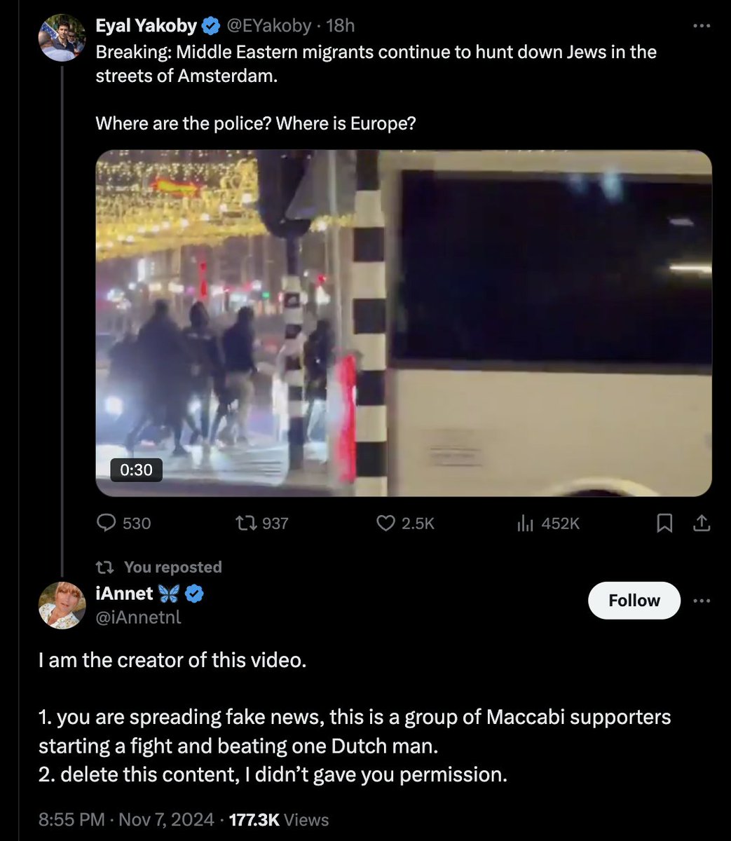 These Israeli football hooligans attacked local Dutch residents.

And then pro-Israel cheerleaders used the footage to claim that this was in fact Israeli fans being attacked by "Middle Eastern migrants".