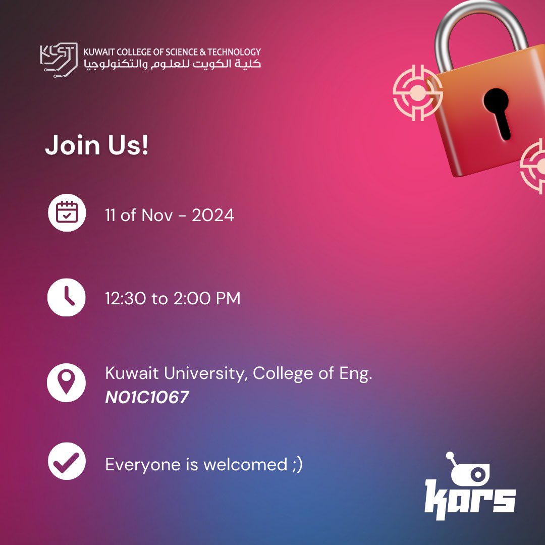 حياكم الله بندوتتا يوم الاثنين
تحت عنوان: 
“How to get started in Cybersecurity”

الدعوة مفتوحة للجميع، نشوفكم هناك 🔥🔒

وطبعا شكر خاص لكلية الكويت للعلوم والتكنلوجيا <a href="/ssc_kcst/">لجنة الدعم الطلابي | SSC</a> على مشاركتهم بتقديم الندوة