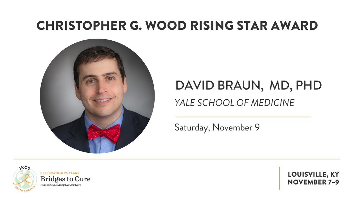 Kidney Cancer (@kidneycancer) on Twitter photo Congratulations to <a href="/BraunMDPhD/">David Braun</a> <a href="/YaleMed/">Yale School of Medicine</a> <a href="/YaleCancer/">Yale Cancer Center</a> for receiving the KCA's Christopher G. Wood Rising Star Award! #IKCSNA24 Congratulations to <a href="/BraunMDPhD/">David Braun</a> <a href="/YaleMed/">Yale School of Medicine</a> <a href="/YaleCancer/">Yale Cancer Center</a> for receiving the KCA's Christopher G. Wood Rising Star Award! #IKCSNA24