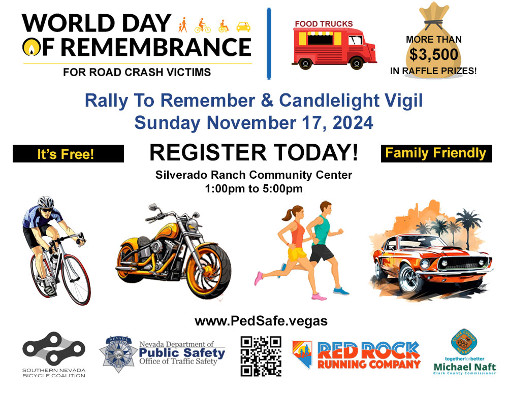 PedSafeLV's tweet photo. Raffel Prizes are over $3,500! Join us as we pay tribute to Southern Nevada Road Traffic Victims. Earn entries for GREAT Prizes, learn how to stay safe on our roadways. Join our Motorcycle or Bike Rally! Run in our 5K &amp; I mile run! It's FREE https://t.co/GKoIoSzXHm #LasVegas https://t.co/0bcjpWQVGS