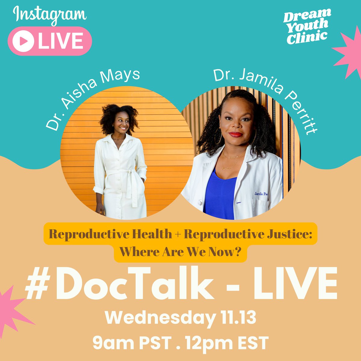 Dream Youth Clinic (@dreamyouthh) on Twitter photo Hi community! 👋🏾 WEDNESDAY 11/13 @ 9am PST. Join us for critical conversation around the future of #ReproductiveRights and the #RJmovement as <a href="/DrAishaMays/">AishaMays MD</a> and <a href="/Reprorightsdoc/">Jamila Perritt MD MPH</a> discuss where we are headed on the reproductive health front. Tune in! 👏🏾✨📣✅ Hi community! 👋🏾 WEDNESDAY 11/13 @ 9am PST. Join us for critical conversation around the future of #ReproductiveRights and the #RJmovement as <a href="/DrAishaMays/">AishaMays MD</a> and <a href="/Reprorightsdoc/">Jamila Perritt MD MPH</a> discuss where we are headed on the reproductive health front. Tune in! 👏🏾✨📣✅