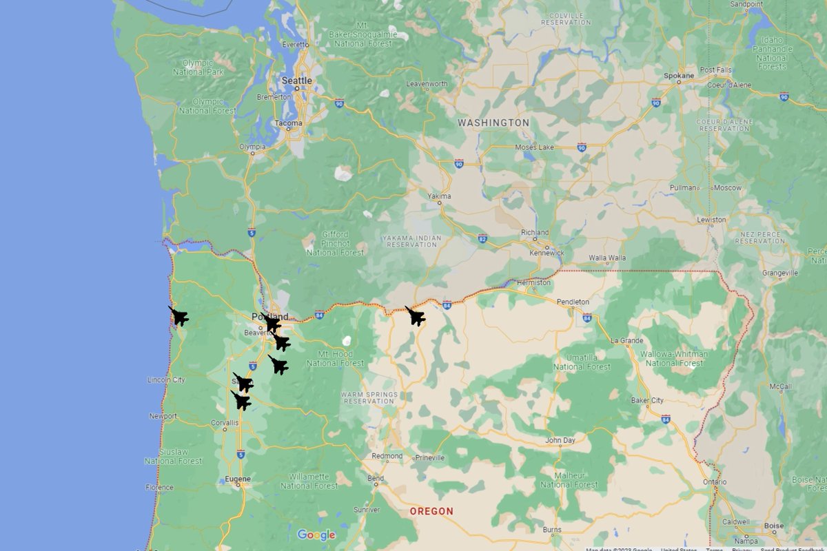 142ndWG's tweet photo. We will conduct Veterans Day flyovers for ceremonies at locations throughout Oregon this Monday.

All passes will be approximately 1k feet above ground level and about 350 mph airspeed. Flights could be cx or times changed due to inclement weather or operational contingencies. https://t.co/aIoJUTGfGf