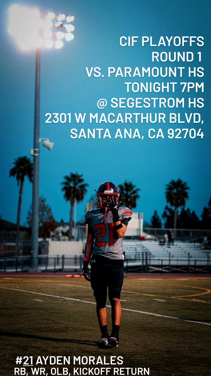AydenMorales21's tweet photo. TONIGHT!!
@sega_football @OCSportsZone @OC_Recruits @ocvarsity
@PrepRedzoneCA #SegerstromJags #SegerstromFootball #JagFootball #CO2026 #RunningBack #WideReciever #OLB #KickOffReturn https://t.co/KW4FcCrlwS