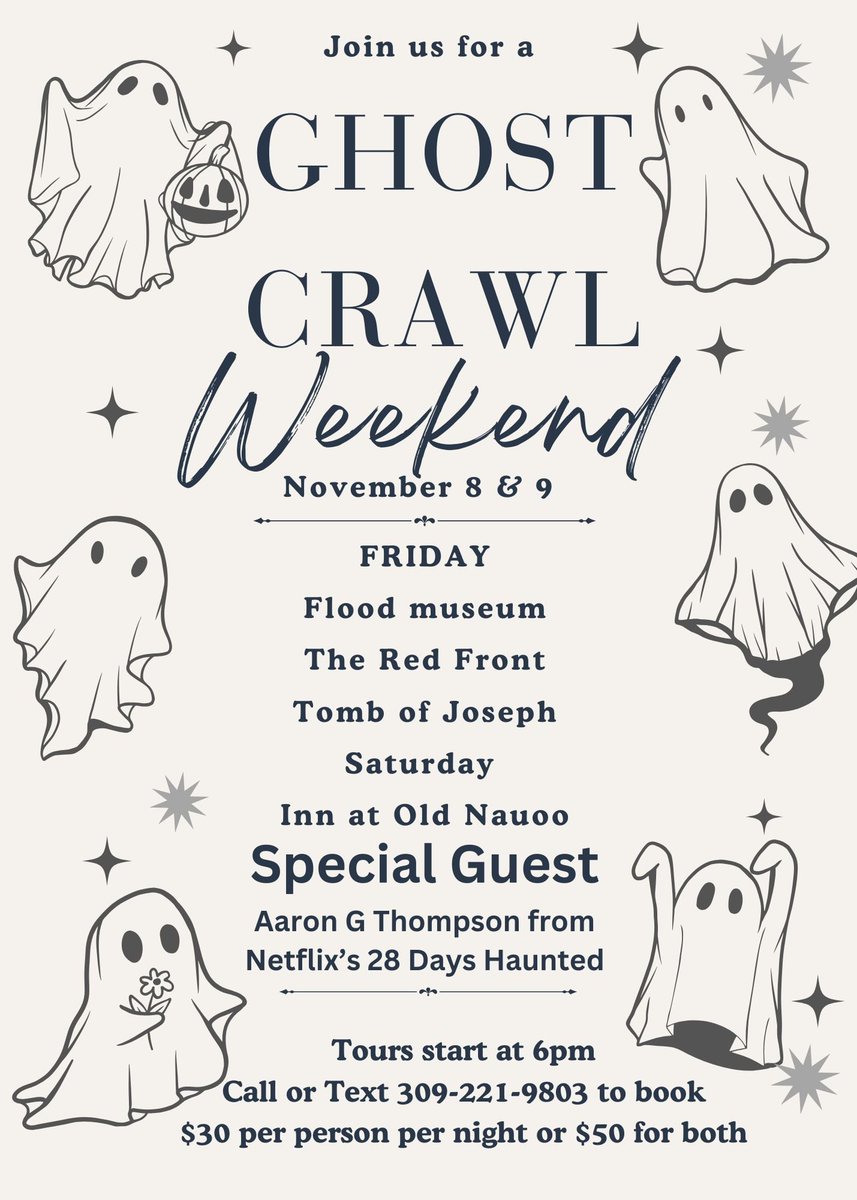 Ghost Crawl Weekend
Join us for our adventure in Nauvoo!

Saturday night: Exclusive access to the Inn at Old Nauvoo for a full hotel investigation.
Join me #AaronGThompson from Netflix’s #28DaysHaunted.

Tickets: $30!
Call or text 309-221-9803 to reserve your spot!