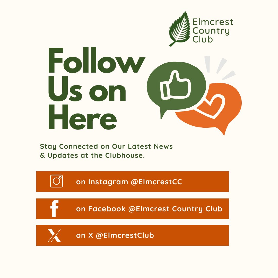 𝓕𝓸𝓵𝓵𝓸𝔀 𝓤𝓼 𝓸𝓷 𝓗𝓮𝓻𝓮
Stay Connected on Our Latest News &amp; Updates at the Clubhouse
Instagram: <a href="/elmcrestcc/">Elmcrest CC</a>
Facebook: Elmcrest Country Club
X: <a href="/elmcrestcc/">Elmcrest CC</a>