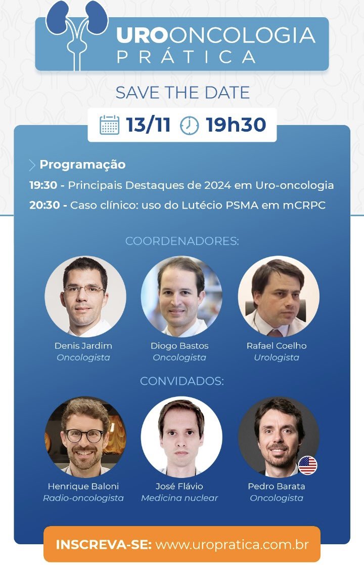 A wrap-up of the most important and practice changing data in GU tumors in 2024! 
👉11/13/24 ⏰7:30 pm (GMT-3)  
Great pleasure to receive <a href="/PBarataMD/">Pedro C Barata, MD MSc FACP</a> 
<a href="/DiogoAssed/">Diogo Assed Bastos</a> <a href="/RafaelFCoelho2/">Rafael Coelho</a> <a href="/docmeetings/">@DocMeetings - Urology</a> <a href="/DocmeetingsOnco/">DocMeetings_Oncology</a>
Online and free: uropratica.com.br