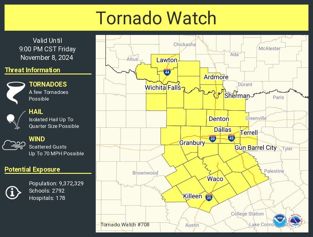 A tornado watch has been issued for parts of Oklahoma and Texas until 9 PM CST