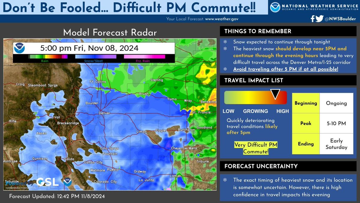 Don't be fooled by the lull in snowfall rates! Heavier snowfall is likely to develop near the start of the evening rush hour, leading to rapidly deteriorating travel conditions. Try to avoid travel after 5PM! #cowx