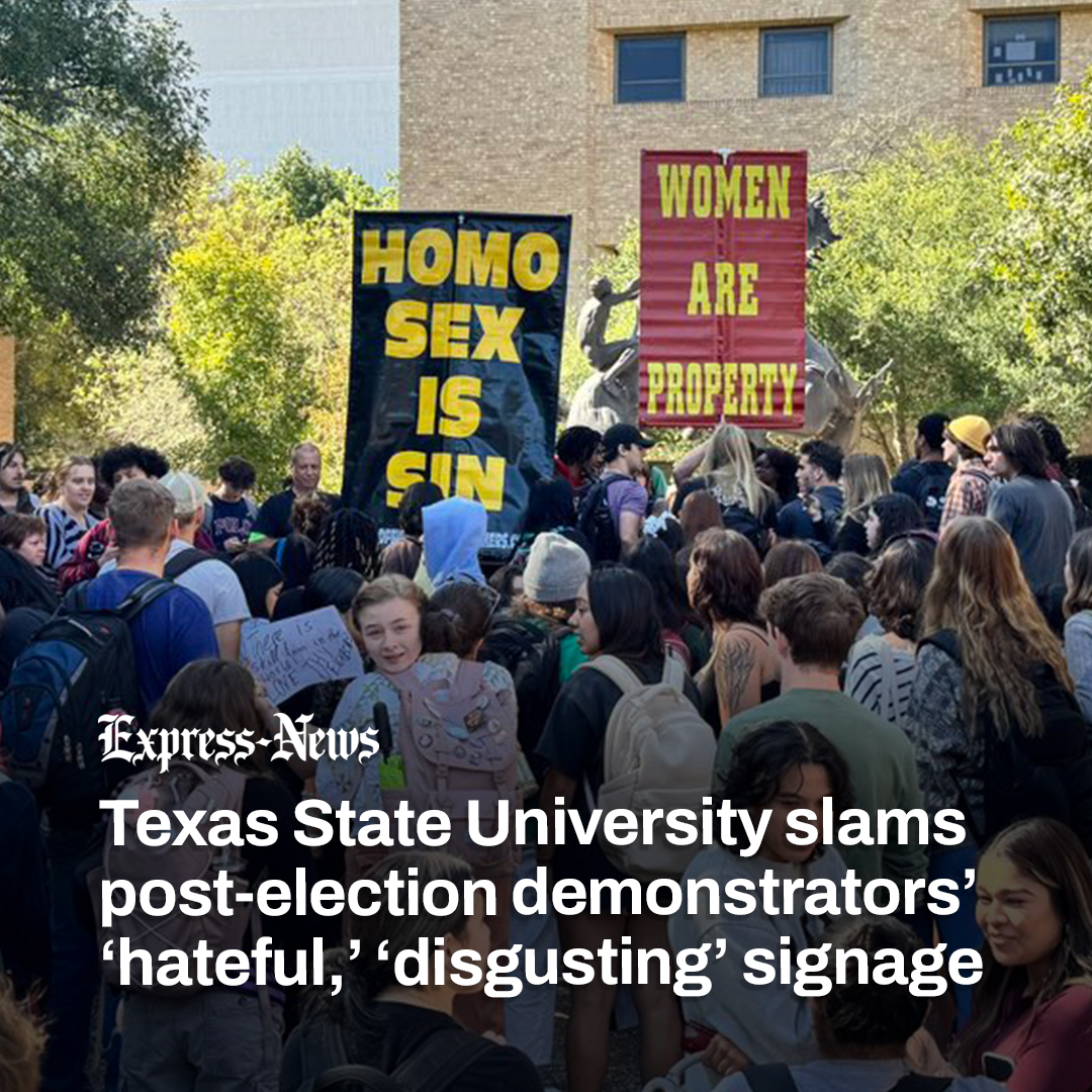 Texas State University is condemning “disgusting messages” brought to its San Marcos campus by demonstrators with signs declaring women property. ⁠bit.ly/3ClPcrQ

(Photo courtesy Louie Dean Valencia/<a href="/BurntCitrus/">Louie Dean Valencia</a>)