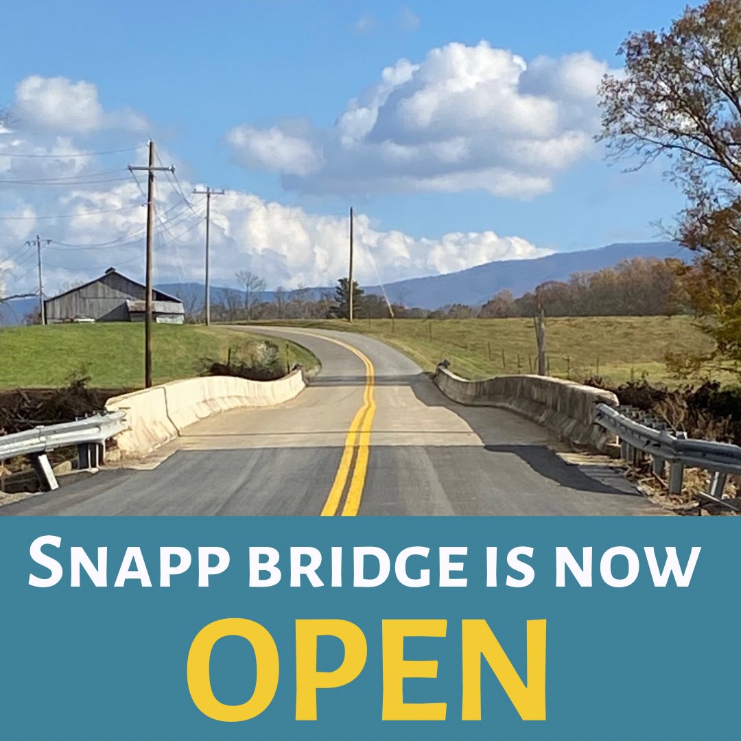 WCJC_EMA's tweet image. Snapp Bridge is officially back open! Many, many thanks to the Washington County Highway Dept and TDOT for all their hard work and persistence in getting this bridge back online.