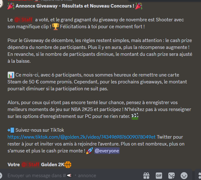 🎉** Annonce Giveaway - Résultats et Nouveau Concours ! #nba2k25PC 
Rejoignez sur notre Discord : discord.gg/BsczFpbpMc

📲 Suivez-nous sur TikTok  tiktok.com/@golden.2k/vid…