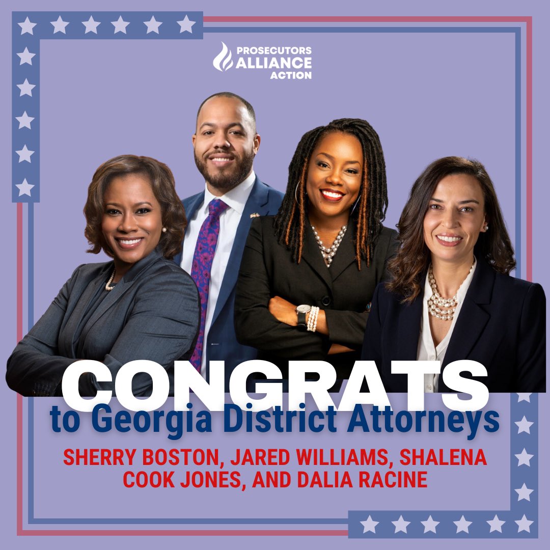 Prosecutors Alliance Action (@prosecutorsact) on Twitter photo This year, we saw voters across Georgia reelect DAs committed to justice, fairness, and public safety. We’re excited that <a href="/SherryBostonDA/">Sherry Boston</a>, Shalena Cook Jones, <a href="/DaliaRacine/">Dalia Racine</a>, and @JaredforDA will continue their work to implement commonsense solutions that keep our communities safe. This year, we saw voters across Georgia reelect DAs committed to justice, fairness, and public safety. We’re excited that <a href="/SherryBostonDA/">Sherry Boston</a>, Shalena Cook Jones, <a href="/DaliaRacine/">Dalia Racine</a>, and @JaredforDA will continue their work to implement commonsense solutions that keep our communities safe.