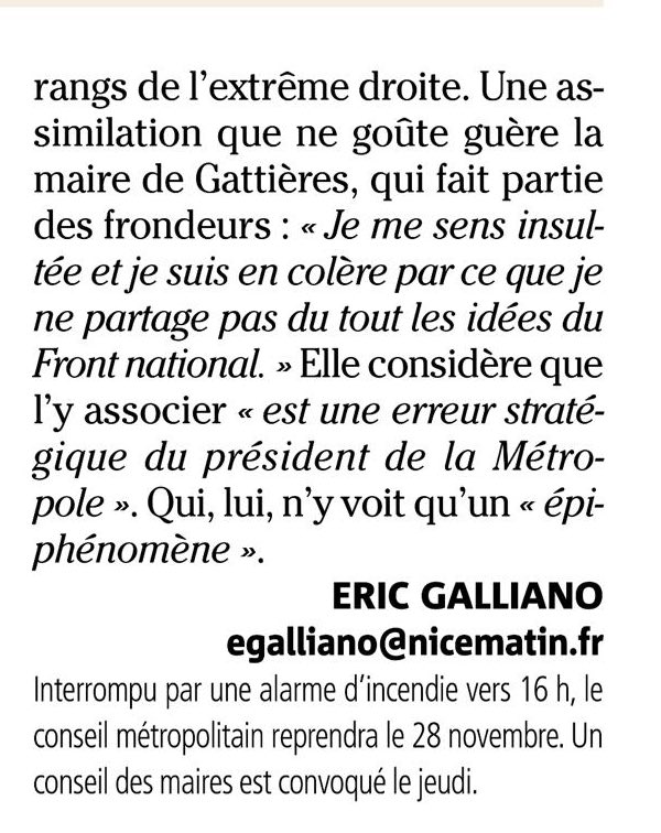 Pascale Guit-Nicol dit dans <a href="/Nice_Matin/">Nice-Matin</a> qu’elle ne « partage pas du tout les idées du Front national » alors qu’elle siège aussi dans la même majorité que les députés qui ont fait alliance avec le RN.
Consternant de voir que certain(e)s n’assument pas leurs positions politiques.