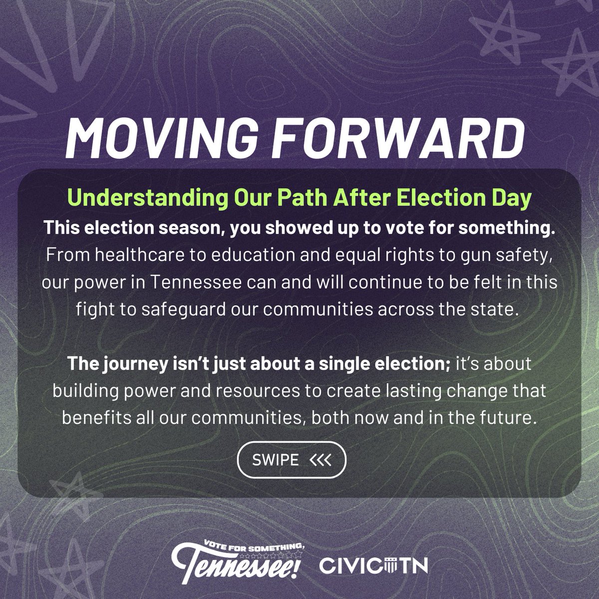 CivicTN's tweet photo. As we reflect on the November election, it’s clear this is a moment of learning, listening, and recommitment. From the ballot box to community events, YOU showed up to protect freedoms &amp; shape our future. 

This journey is about building lasting change! #VoteForSomething https://t.co/4CCuaKKGIN