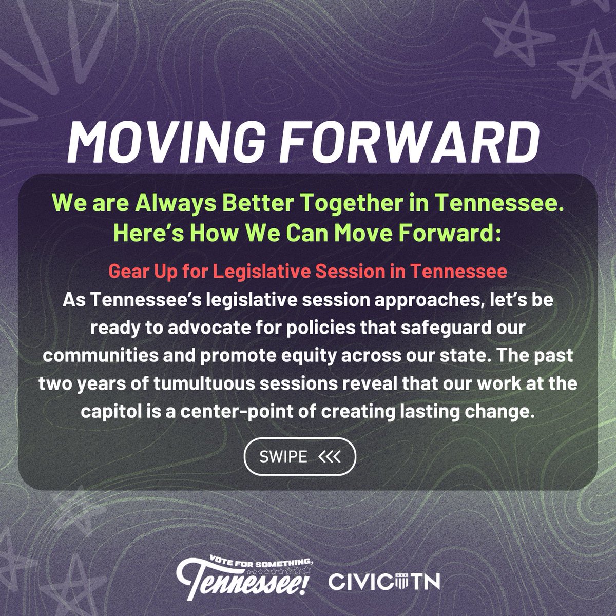CivicTN's tweet photo. Here’s how we move forward ⬇️

✨ Reflect on our impact this season
🏛 Gear up for TN’s legislative session—our voices are needed!
🤝 Support CivicTN’s mission for a fair, inclusive democracy

Together, we’re creating a Tennessee where everyone can thrive. #VoteForSomething https://t.co/Za9Y3UYTMv
