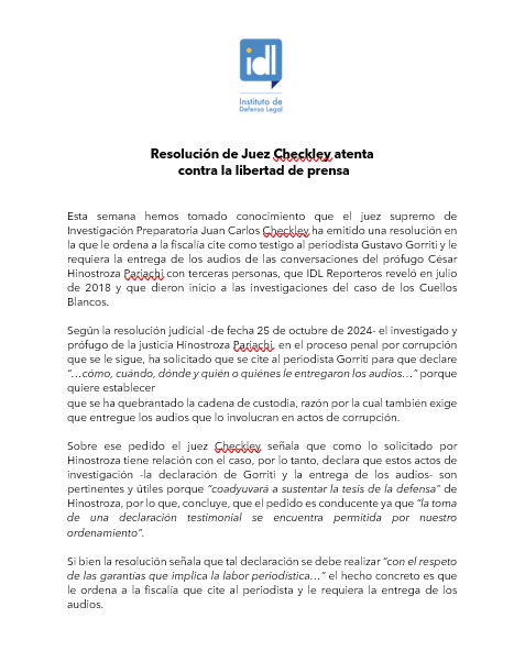IDL_Rivera's tweet photo. Resolución de juez Juan C. Checkley que ordena que la fiscalía cite al periodista Gorriti para q revele sus fuentes de información por pedido de César Hinostroza, en relación a los audios que @IDL_R reveló en julio de 2018, atenta gravemente contra libertad de prensa. https://t.co/JilCwrORv7
