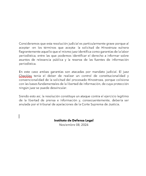 IDL_Rivera's tweet photo. Resolución de juez Juan C. Checkley que ordena que la fiscalía cite al periodista Gorriti para q revele sus fuentes de información por pedido de César Hinostroza, en relación a los audios que @IDL_R reveló en julio de 2018, atenta gravemente contra libertad de prensa. https://t.co/JilCwrORv7