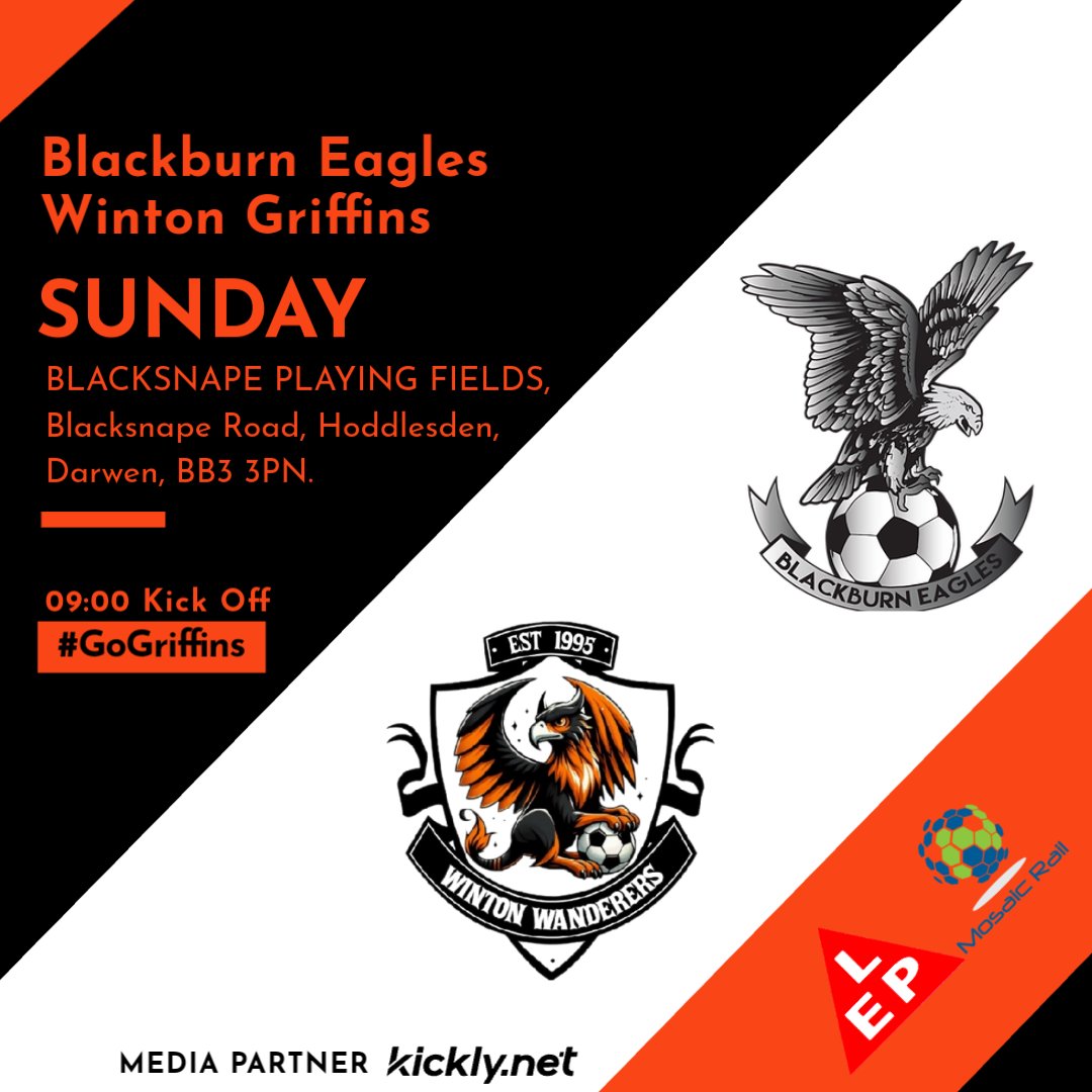 Next up for your Griffins....

Blackburn Eagles 🦅

A new opponent to test ourselves against!

A tough game, made even tougher as we have no game changers 🫣

Proudly sponsored by
Lostock Electrical Projects 🔺
&amp;
Mosaic Rail 🌍 

#GoGriffins #WWFCGriffins
#WintonWanderers #Peace