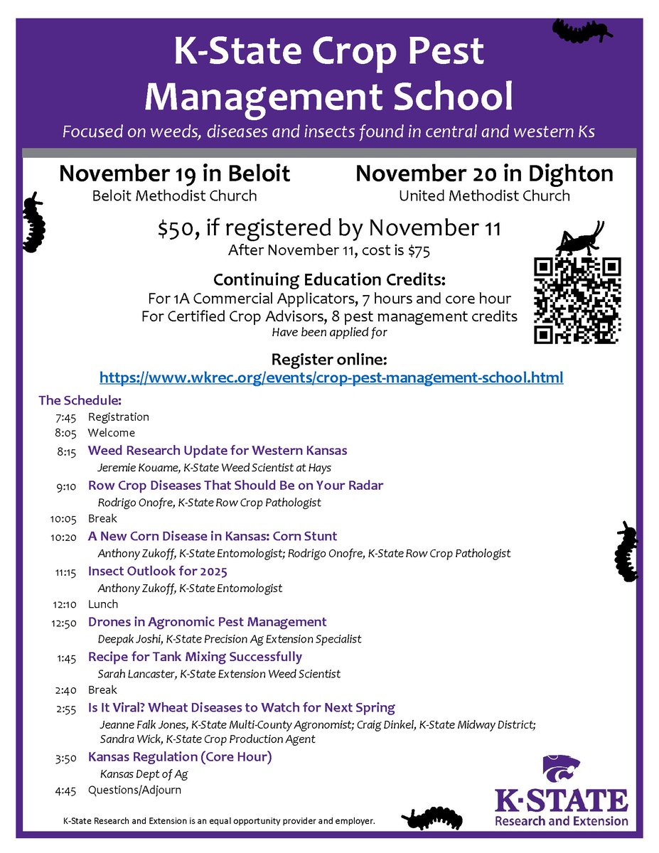 The K-State Crop Pest Management Schools are happening on Nov 19 in Beloit and Nov 20 in Dighton. Topics: management of weeds, insects and diseases, as well as practical info on pesticide applications for central and western Ks. 
Registration and details: wkrec.org/events/crop-pe…
