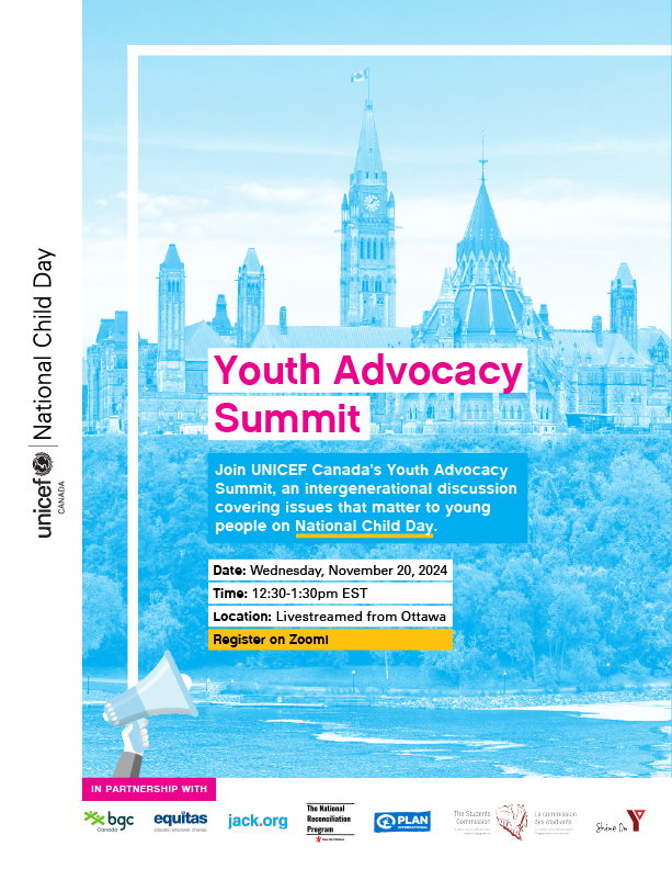 UNICEFCanada's tweet photo. 📅Save the date for @UNICEFCanada’s Youth Advocacy Summit livestream on Nov 20. 
Youth advocates will discuss #education, #healthcare, #mentalhealth and #racism and #discrimination with national leaders.
Register now &amp; share the link👇: 
https://t.co/3q1KUbjxqC
#NationalChildDay https://t.co/1Khl0Vx15T