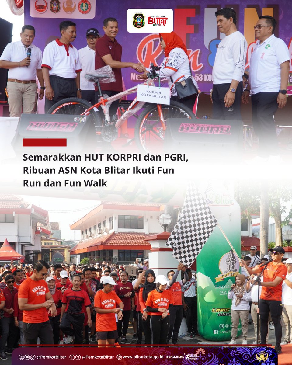 #DulurKotaBlitar, dalam rangka memperingati HUT ke-53 Tahun Korpri dan HUT ke-79 Tahun PGRI, Pemerintah Kota Blitar menggelar serangkaian kegiatan yang melibatkan Aparatur Sipil Negara (ASN). Selengkapnya di blitarkota.go.id