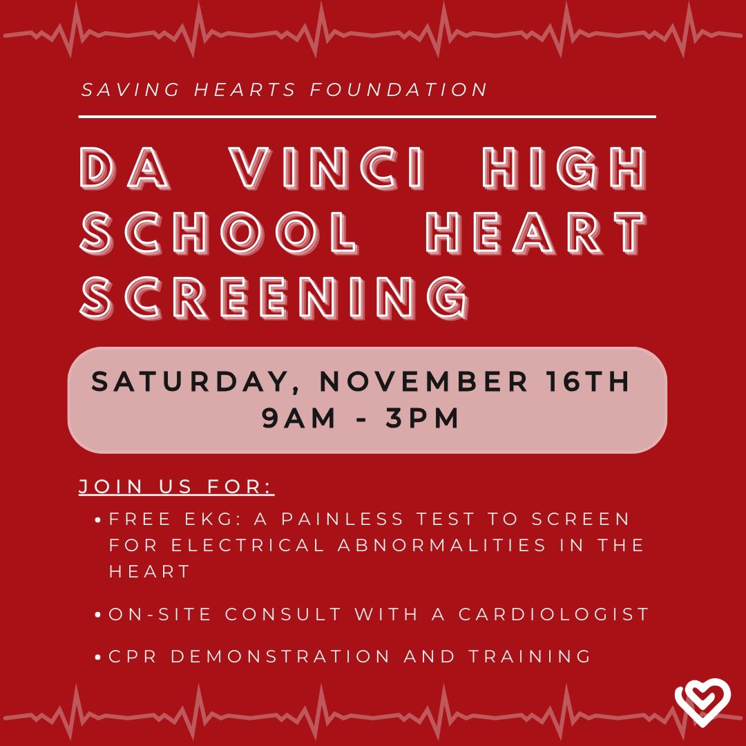 Saving Hearts Foundation is thrilled to announce that we will be hosting a free heart screening at Da Vinci High School on Saturday, November 16th from 9 am to 3 pm. Visit savingheartsfoundation.com/da-vinci-high-… to pre-register for the event.