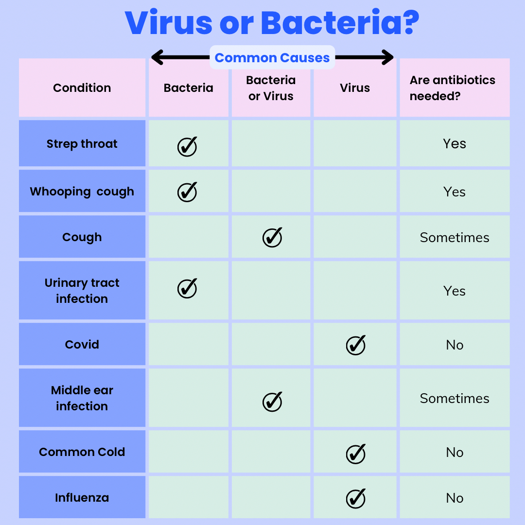 A quick guide to #antibiotics from a #pediatrician
Read more on our health tips blog 🫐 and share this graphic with friends! 

#virus #bacteria