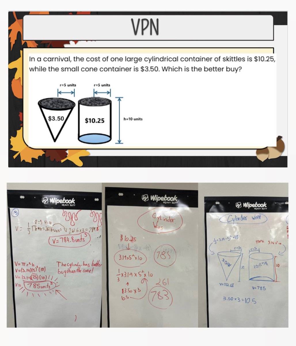 mhelladisla's tweet photo. Exploring volumes in class! 📚 Kids discovered the volume of a cone is 1/3 of a cylinder’s by filling a cone with water &amp; pouring it into a cylinder (same radius &amp; height). Then, they moved on to a ‘Which is Better to Buy?’ activity—practicing real-life decisions with volumes! 📐 https://t.co/yYM25LvBMo