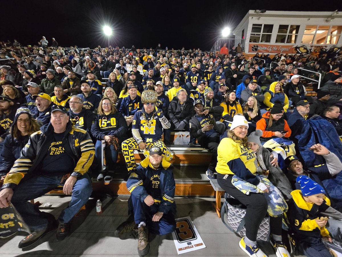 JordanArnal's tweet photo. Hey @stoolpresidente we’re out here at Belleville Playoff game supporting Bryce Underwood and E Dot trying to keep them in Michigan! LETS GO BLUE!! #HailGate #keepbrycehome #keepthemhome https://t.co/yXMgcYdKH9