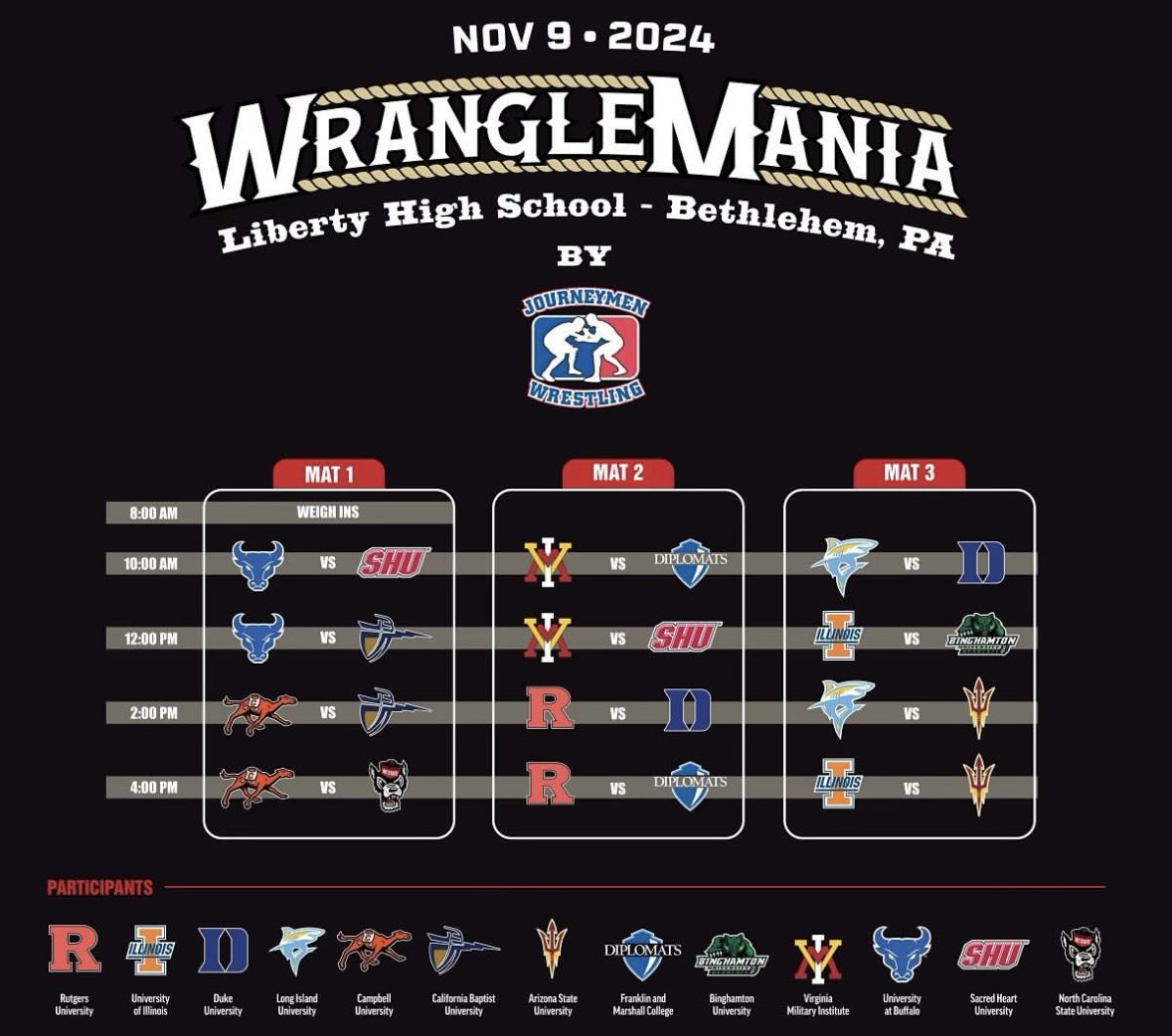 theMATness's tweet image. Which match are you most excited for at the Wrangle Mania hosted by @jmenwrestling ?

I’m looking forward to Illinois vs. Arizona State &amp;amp; SHU vs. VMI.
#wranglemania #NCAAwrwstling