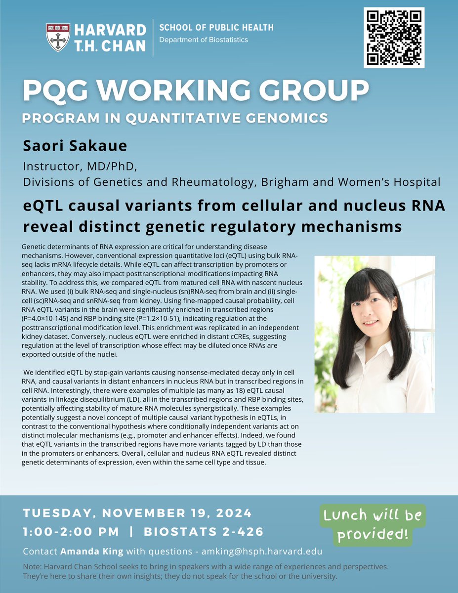 Xinan Wang (@xinannwang) on Twitter photo Just in time! Come join us with <a href="/saorisakaue/">Saori Sakaue</a> on 11/19 for her recent work revealing genetic regulatory mechanisms through eQTL causal variants! <a href="/HarvardBiostats/">Harvard Biostatistics</a> <a href="/HarvardEpi/">Harvard Epidemiology</a> Just in time! Come join us with <a href="/saorisakaue/">Saori Sakaue</a> on 11/19 for her recent work revealing genetic regulatory mechanisms through eQTL causal variants! <a href="/HarvardBiostats/">Harvard Biostatistics</a> <a href="/HarvardEpi/">Harvard Epidemiology</a>