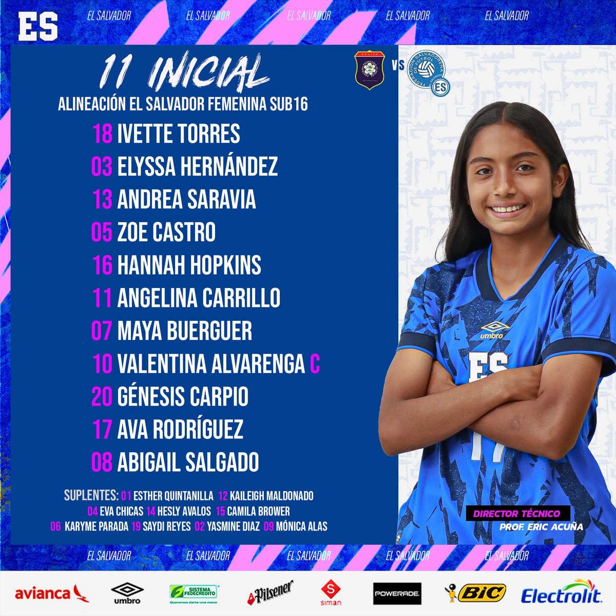 📋| La Selecta Femenina Sub16 🇸🇻

Este es el Xl inicial que envía el profe Eric Acuña para enfrentar a Belice en el segundo juego del Torneo UNCAF FIFA FORWARD.  

#ElSalvador #LaSelectaFemeninaSub16