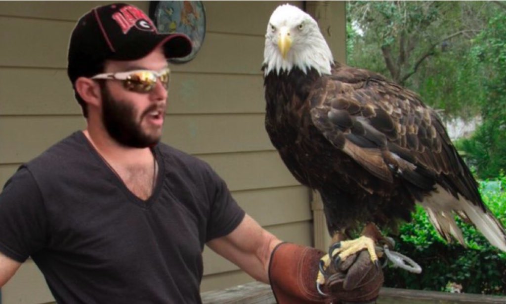 BrennaIsRight's tweet photo. A beautiful photo of @3YearLetterman and his pet Bald Eagle, President Franklin. Taken by @BurtMaclin_FBI during a wild day of funneling and tailgating. https://t.co/5jElsGz7O9