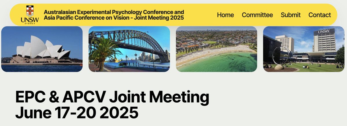 expsyaunz's tweet photo. The Australasian Experimental Psychology Conference (EPC) and Asia Pacific Conference on Vision (APCV) are holding a joint meeting in 2025, to be held at UNSW in Sydney, from June 17-20. Abstract and symposium submissions are open!
https://t.co/LcnvXY5zKY https://t.co/wiRprWAFkM
