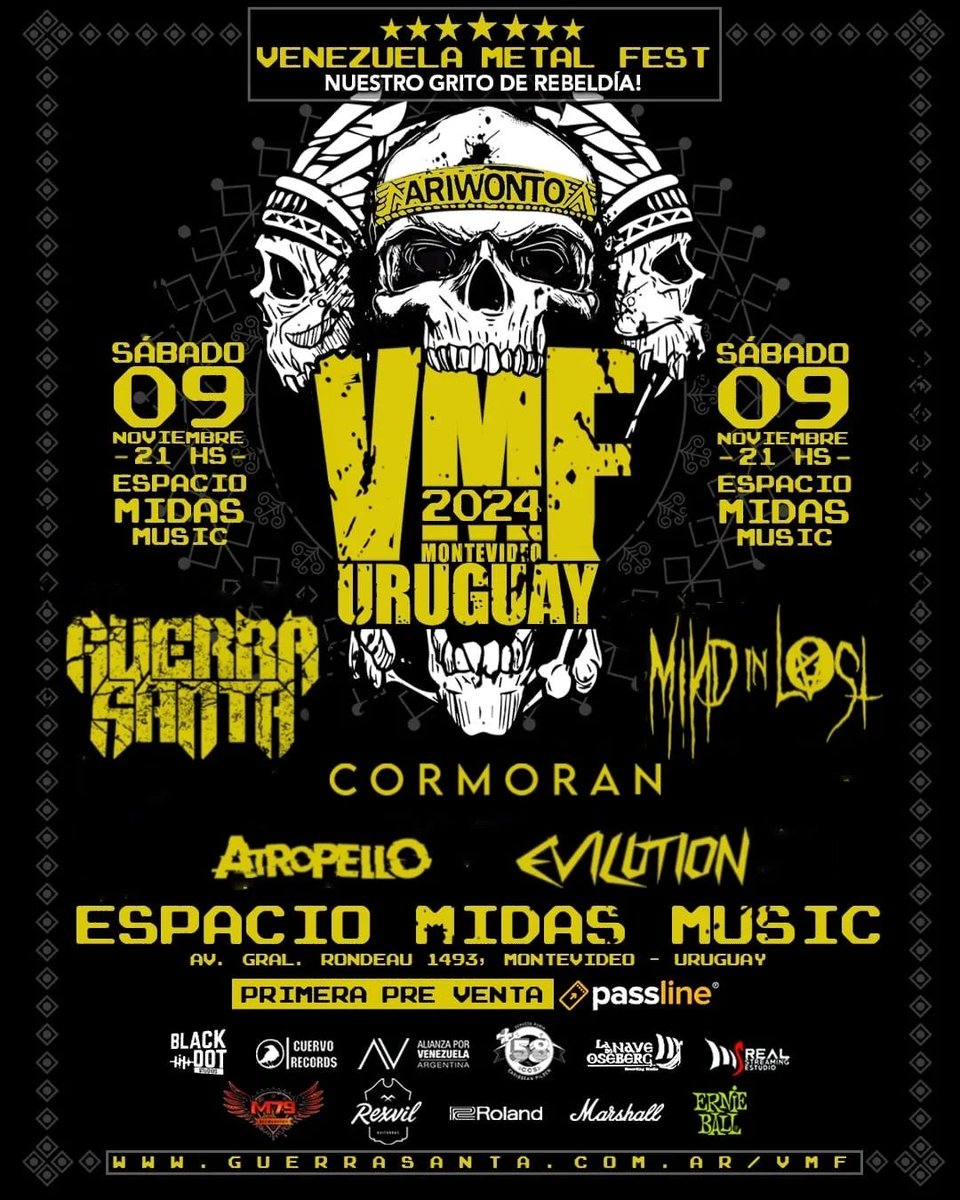 Este sábado 9 de noviembre llega el VENEZUELA METAL FEST 2024 al Espacio Midas. 21hs.
Las bandas que participan de esta primera edición son GUERRA SANTA, MIND IN LOST, CORMORAN, ATROPELLO y EVILUTION.