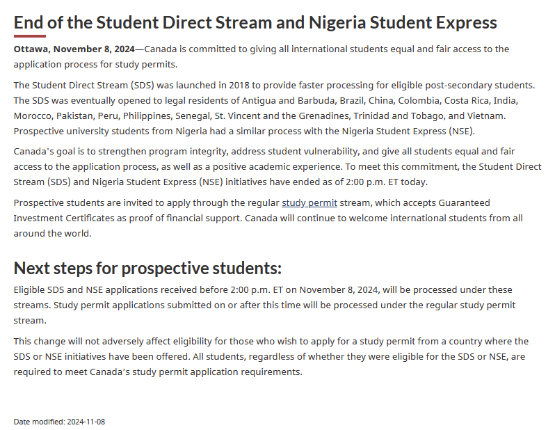 End of the Student Direct Stream and Nigeria Student Express canada.ca/en/immigration… #cndimm #SDS #Nigeria