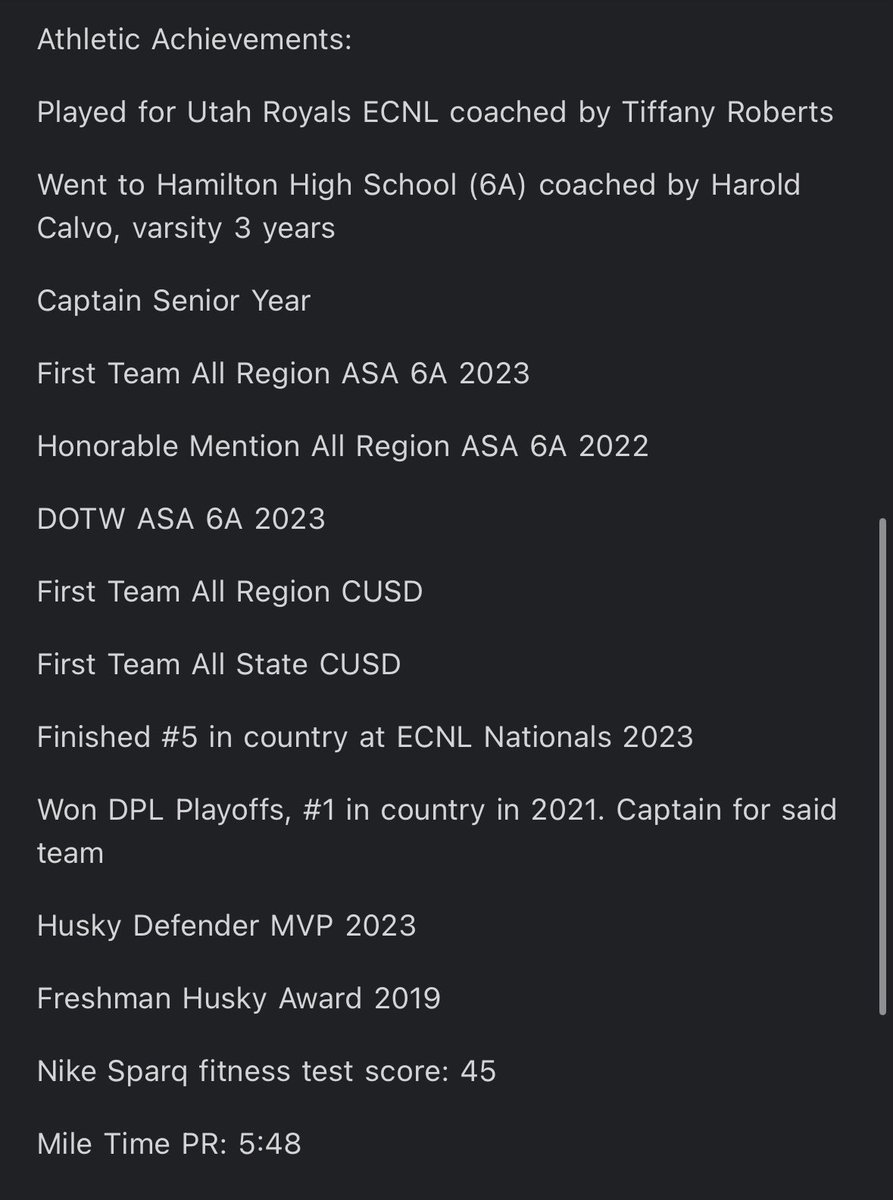 D1 Women’s Soccer Transfer
3 years eligible 
Redshirt Sophmore; 2 years at D1 program
Played for Utah Royals ECNL Coached by Tiffany Robert’s
List of Academic and Athletic Achievements/ References in Pictures Below 
College Highlights:
 youtube.com/watch?v=1WfLaa…
<a href="/ImCollegeSoccer/">College Soccer Truth ™</a>