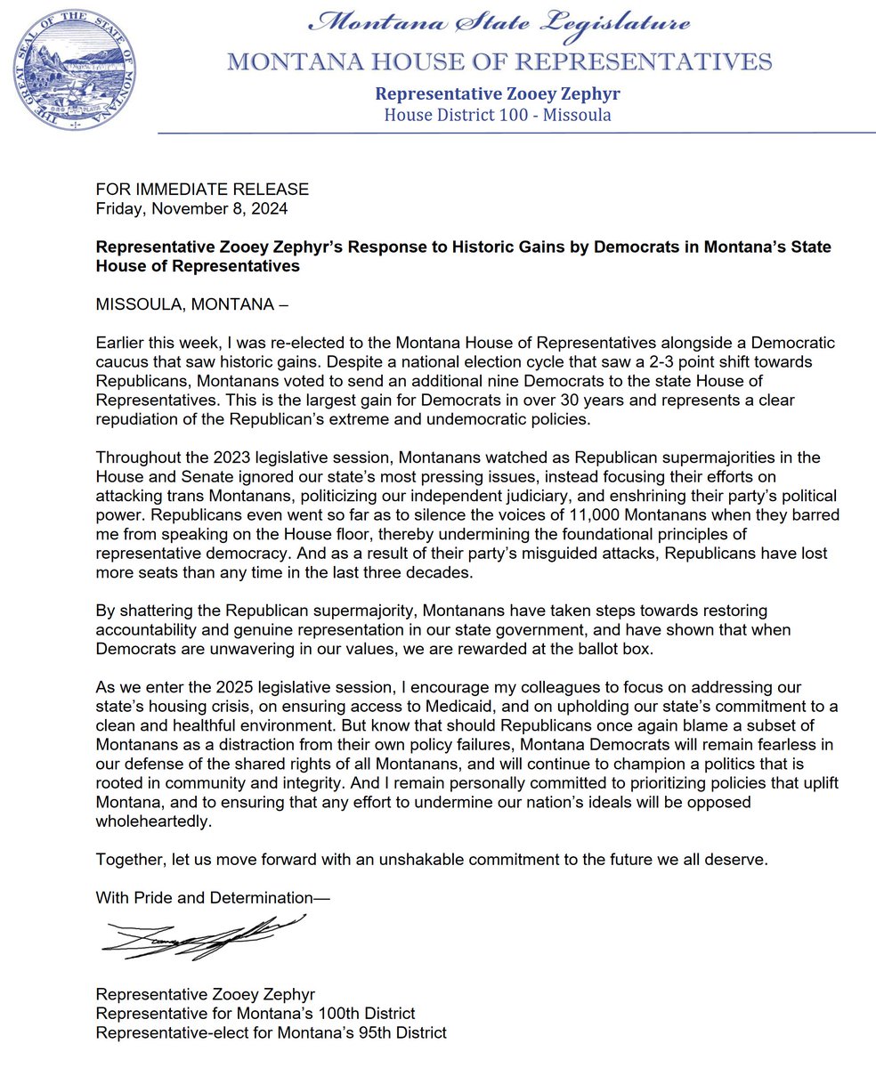 ZoAndBehold's tweet image. Montanans voted to send an additional 9 Democrats to the state House of Representatives—the largest gain for Dems in over 30 years.

By shattering the Republican supermajority, Democrats have shown that when we are unwavering in our values, we are rewarded at the ballot box.