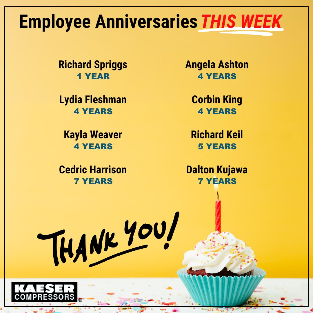 Congratulations and happy anniversary to our colleagues celebrating milestones this week! 👏Thanks for all your hard work! #KaeserFamily 💛✨💪