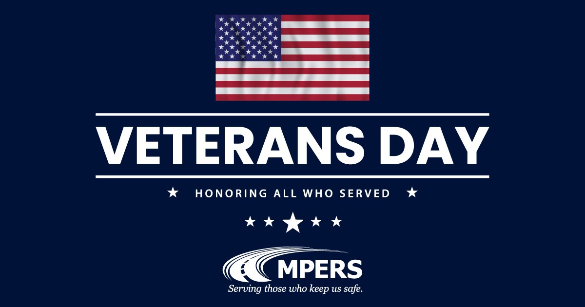 MPERSonline's tweet photo. This Veterans Day, we thank all MPERS members and their families who have served or are serving our country. In honor of Veterans Day, MPERS will be closed on Monday, November 11. 
Thank you for your service. https://t.co/Mw0WUeb4xP