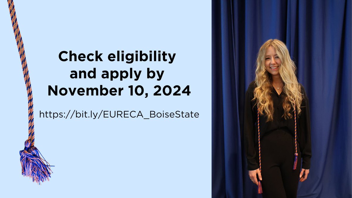 Apply for the EURECA graduation cord and get recognized for undergraduate research!

Deadline to apply: November 10, 2024.

bit.ly/EURECA_BoiseSt…

#graduation #fall2024 #BoiseState
