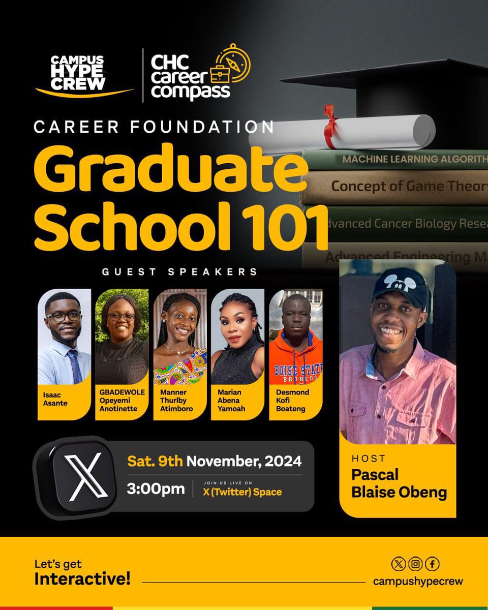 _obpascal's tweet photo. Tomorrow, I will host five incredible people on Campus Hype Crew space and we will be discussing everything there is to know about Graduate School. 

Hop onto the space and learn something new.

Link: https://t.co/trRf6ZYIkI

#CHCCareerCompass https://t.co/ejw63aIZTT