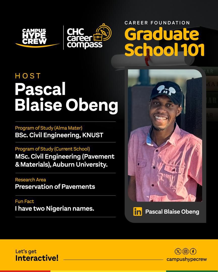 _obpascal's tweet photo. Tomorrow, I will host five incredible people on Campus Hype Crew space and we will be discussing everything there is to know about Graduate School. 

Hop onto the space and learn something new.

Link: https://t.co/trRf6ZYIkI

#CHCCareerCompass https://t.co/ejw63aIZTT