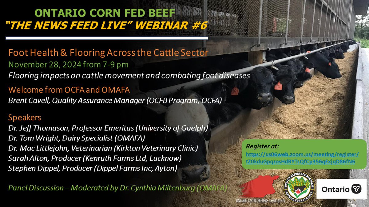 Christoph Wand (@ctophwand) on Twitter photo Next installment in the <a href="/ONCornFedBeef/">OntarioCornFedBeef</a> 'News Feed Live' series will look at flooring and foot health across the housed cattle sectors on Nov 28th, 7 pm. A1 list of contributors across wide expertise. Register for free Zoom access: us06web.zoom.us/meeting/regist… Next installment in the <a href="/ONCornFedBeef/">OntarioCornFedBeef</a> 'News Feed Live' series will look at flooring and foot health across the housed cattle sectors on Nov 28th, 7 pm. A1 list of contributors across wide expertise. Register for free Zoom access: us06web.zoom.us/meeting/regist…